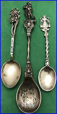 13 Pc Sterling & 800 Fine Silver Small Souvenir TRAVEL& HISTORICAL SPOONS