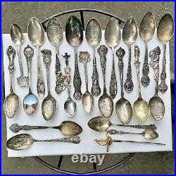 22 VTG STERLING SOUVENIR SPOONS & A SWORD 4 Collecting or Scrap 353.45g