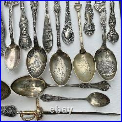 22 VTG STERLING SOUVENIR SPOONS & A SWORD 4 Collecting or Scrap 353.45g