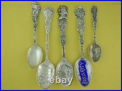 5 Sterling Souvenir Spoons Variety Lot Indians Enamel Columbus etc