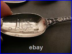 6 Antique Sterling Silver Souvenir Spoons, Colo, Chicago, Nd, La, Canada, Nc