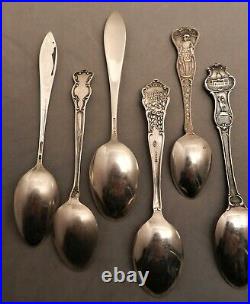 6 Antique Sterling Silver Souvenir Spoons, Colo, Chicago, Nd, La, Canada, Nc