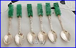 6 Mexican Sterling Silver Mark Craved Jade Top Demitasse Spoons Souvenir Spoons