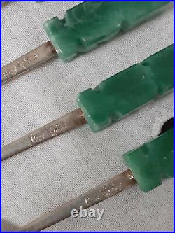 6 Mexican Sterling Silver Mark Craved Jade Top Demitasse Spoons Souvenir Spoons