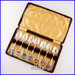 7 Souvenir Mfg Co English Sterling Silver Enamel Souvenir Spoons Boxed Australia