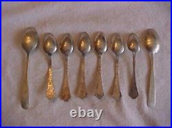 8 FRED HARVEY Style Southwestern Unmarked Sterling Silver Souvenir Spoons 1920's
