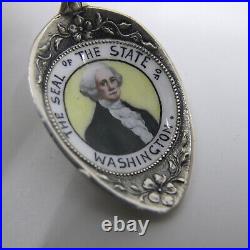 800 Silver Souvenir Spoon Enamel Portrait Seal of the State of WASHINGTON George