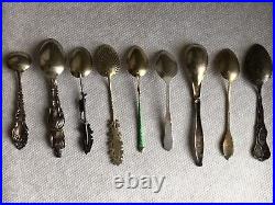 9 Vintage Antique Sterling Silver Demitasse Souvenir Spoons, Nice