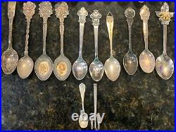 ANTIQUE Mixed Lot 46 STERLING SILVER Pewter Plated Collectible SOUVENIR SPOONS