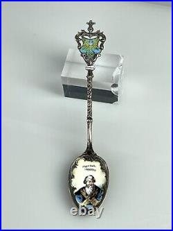 Antique 800 Silver & Enameled Portrait of HANS SACHS WURNBERG Souvenir Spoon