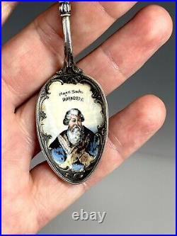 Antique 800 Silver & Enameled Portrait of HANS SACHS WURNBERG Souvenir Spoon