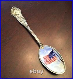 Antique GORHAM Sterling Silver Illinois Spoon Enamel American Flag Bowl 5 1/2