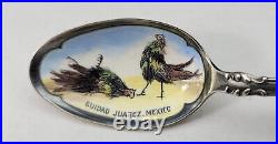 Antique Juarez Mexico ROOSTERS Enameled Bowl Sterling Silver Souvenir Spoon