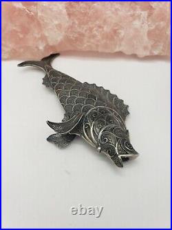 Antique Sterling Silver And Garnets Filigree Fish Souvenir Trinket