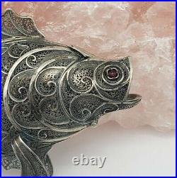 Antique Sterling Silver And Ruby Filigree Fish Souvenir Trinket