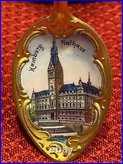Antique Sterling Silver & Enamel Gold Washed Hamburg Rathaus Souvenir Spoon