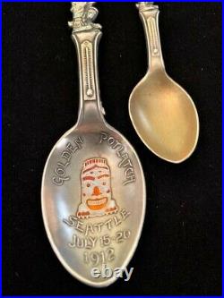 Antique Sterling Silver Souvenir 2 Spoon 1912 Golden Potlatch Seattle Weatherman