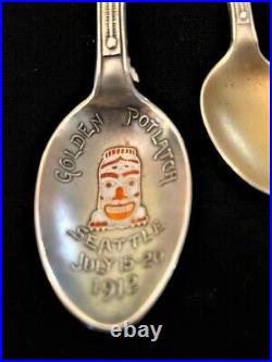 Antique Sterling Silver Souvenir 2 Spoon 1912 Golden Potlatch Seattle Weatherman
