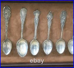 Antique Sterling Silver Spoon Collection 1800s 1900s Travel Worlds Fair Framed C