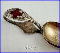 Edwardian Sterling Silver Medicine Spoon, Enamel Red Cross, Engraved 1900's, WWI