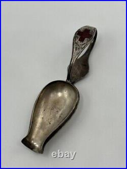 Edwardian Sterling Silver Medicine Spoon, Enamel Red Cross, Engraved 1900's, WWI