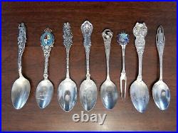 Eight Antique Sterling Silver Souvenir Spoons Dating from 1894