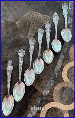 Great Collection of 7 Antique Sterling Silver Souvenir Spoons 186.73g Silver
