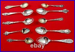 Group Lot of 10 Interesting Vintage Sterling Silver Souvenir Spoons (#3747)