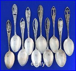 Lot 10 TEN Vintage Sterling Silver Souvenir Spoons Cut Out Handles Aprox 5 1/2
