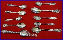 Lot of 10 Antique Sterling Silver Souvenir Spoons (#3650)