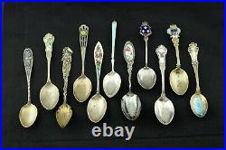 Lot of 11 Vintage Sterling Silver Souvenir Enamel Spoons