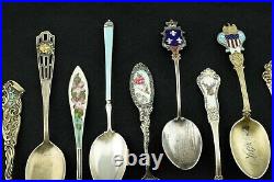 Lot of 11 Vintage Sterling Silver Souvenir Enamel Spoons