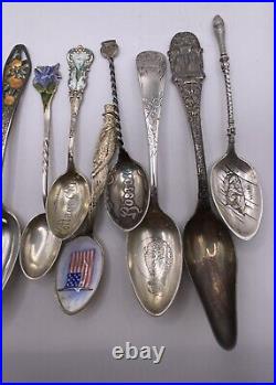 Lot of 14 Antique Sterling Silver Souvenir Spoons 4 with Enamel