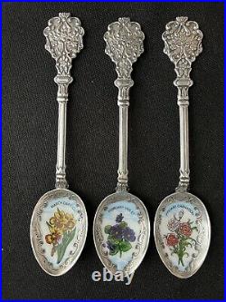 Oechsle Sterling Silver And Enamel Flower Calendar 5 Spoon Collection Germany
