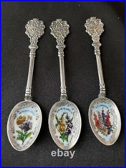 Oechsle Sterling Silver And Enamel Flower Calendar 5 Spoon Collection Germany