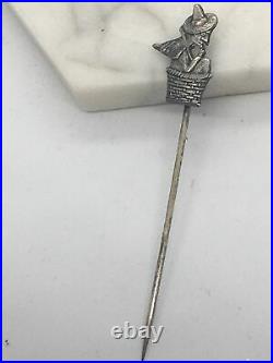 RARE Antique Sterling Silver Witch In A Basket Lapel Stick Pin