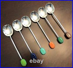 RARE Vtg Enameled Sterling Silver 6 Multicolored Bean Spoon Set 1951 Sheffield