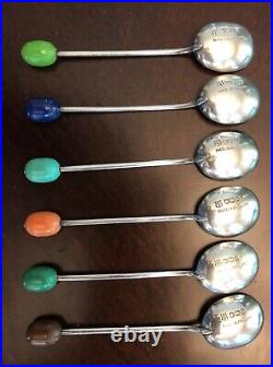 RARE Vtg Enameled Sterling Silver 6 Multicolored Bean Spoon Set 1951 Sheffield