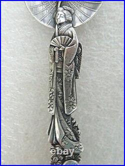 Rare Antique Sterling Silver Souvenir spoon Japanese Geisha Umbrella & Music