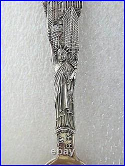 Rare Antique Sterling Silver Souvenir spoon NYC Building Church Statue Liberty