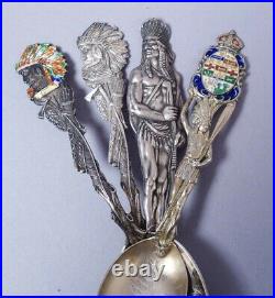 Rare Lot 4 American Indian Sterling Silver Souvenir Spoons Enamel Full Figure