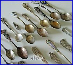 Rle 21 Antique Sterling Silver Souvenir Spoons 281 Grams Total Weight