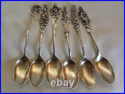 SET OF 6 OLD USA AMERICAN STERLING SILVER FLOWER FLORAL HANDLE SPOONS -103 gr