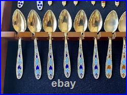 Set 36 Antique Sterling Silver Gilded Enamel Spoon