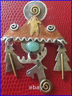 Sterling Silver Brooch Moose Dangle Montana Signed Blue Green Stone Copper