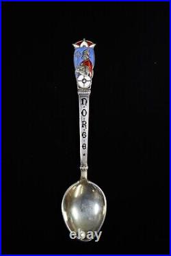 Sterling Silver Souvenir Spoon NORGE Enamel Viking holding a Celtic Cross Crown