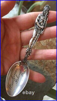 Vintage Indian warrior sterling souvenir spoon Muckinuc Island Mich Watson