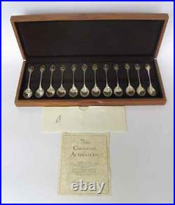 Vintage Mahogany Cased Set Of 12 Silver Spoons British Birds Rare
