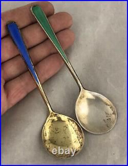 Vintage Norway Sterling Silver Blue & Green Guilloche Enamel Spoons