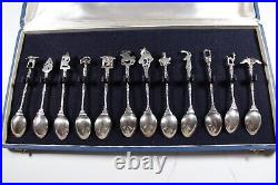 Vintage set of 12, 925 Silver Souvenir Spoon, symbols, sterling 925, in Box